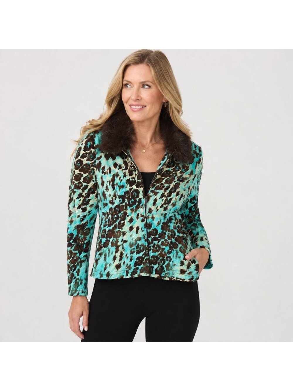 Joseph Ribkoff Turquoise Brown Animal Print Jacket Faux Fur Collar 10